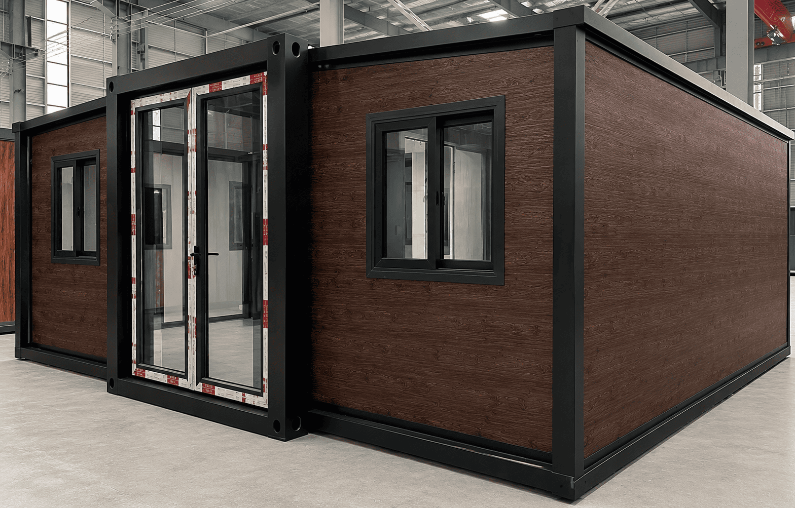 Casa Box 20ft Rumah Kontainer yang Dapat Diperluas | Butir Kayu Gelap 2 Tempat Tidur 1 Kamar Mandi