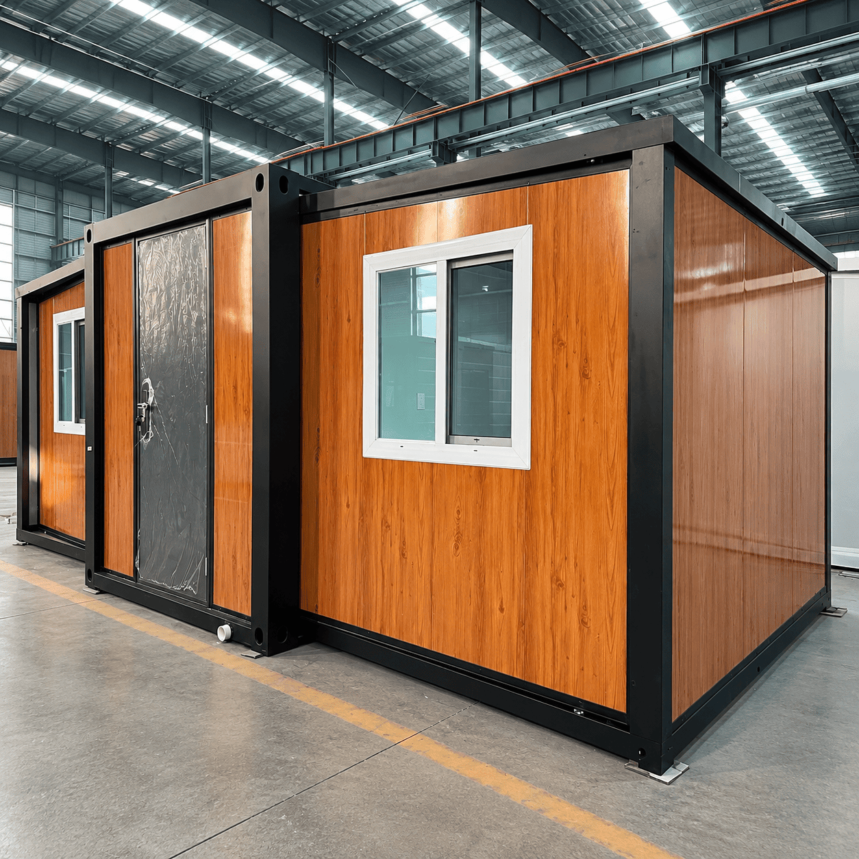 Casa Box 10ft Rumah Kontainer yang Dapat Diperluas | Panel Kayu Bingkai Hitam Prefab Pedesaan Modern