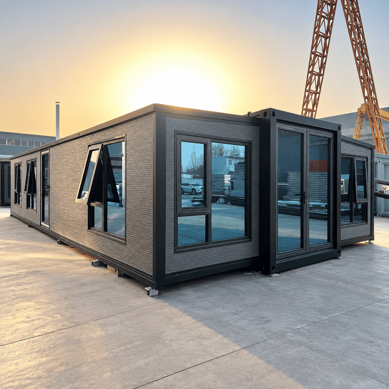 Casa Box 40ft Rumah Kontainer yang Dapat Diperluas | Cladding Bertekstur Abu-abu 3 Kamar Tidur